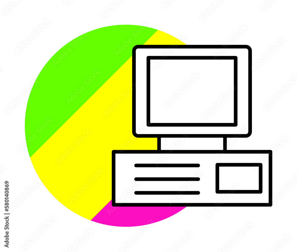 Poster computer technology icon. simple line, outline in color circle of retro 90s style icons for ui and u