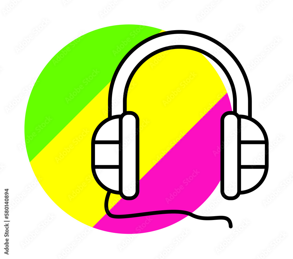 Poster headphone technology icon. simple line, outline in color circle of retro 90s style icons for ui and 