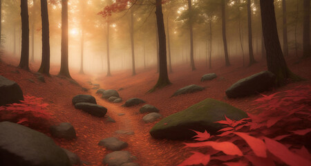 Bewitched Fall Forest Path Leading Into Foggy Mystery, Boulders and Tall Trees Surrounding Adventure Pathway, Concept for Fictional Fantasy Story World, Generative AI Illustration