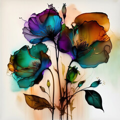 abstract alcohol ink flowers on paper colourful created by generative AI