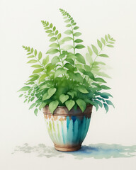 Obraz premium Ceramic Pot Bushy Fern Plant with Beautiful Leaves, Concept for Potted Plants Magazine or Blog on Enjoyable City Life, Watercolor Style Generative AI Illustration on White