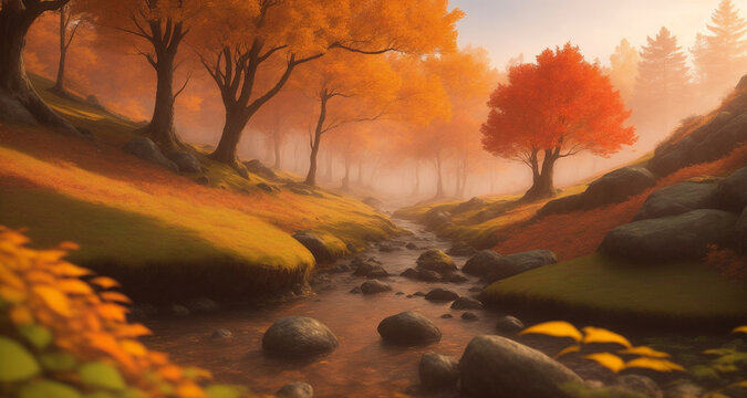 Enchanted Fall Morning Fog Creek With Mysterious And Eerie Mood, Brook Of Wonder With Leafy Trees, Concept For Fictional Fantasy Story World, Generative AI Illustration