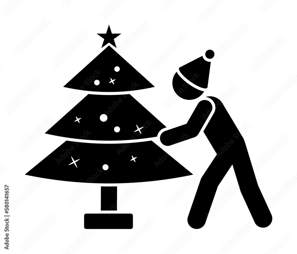 Poster man decorates a christmas tree icon. simple pictogram of winter recreation icons for ui and ux, webs