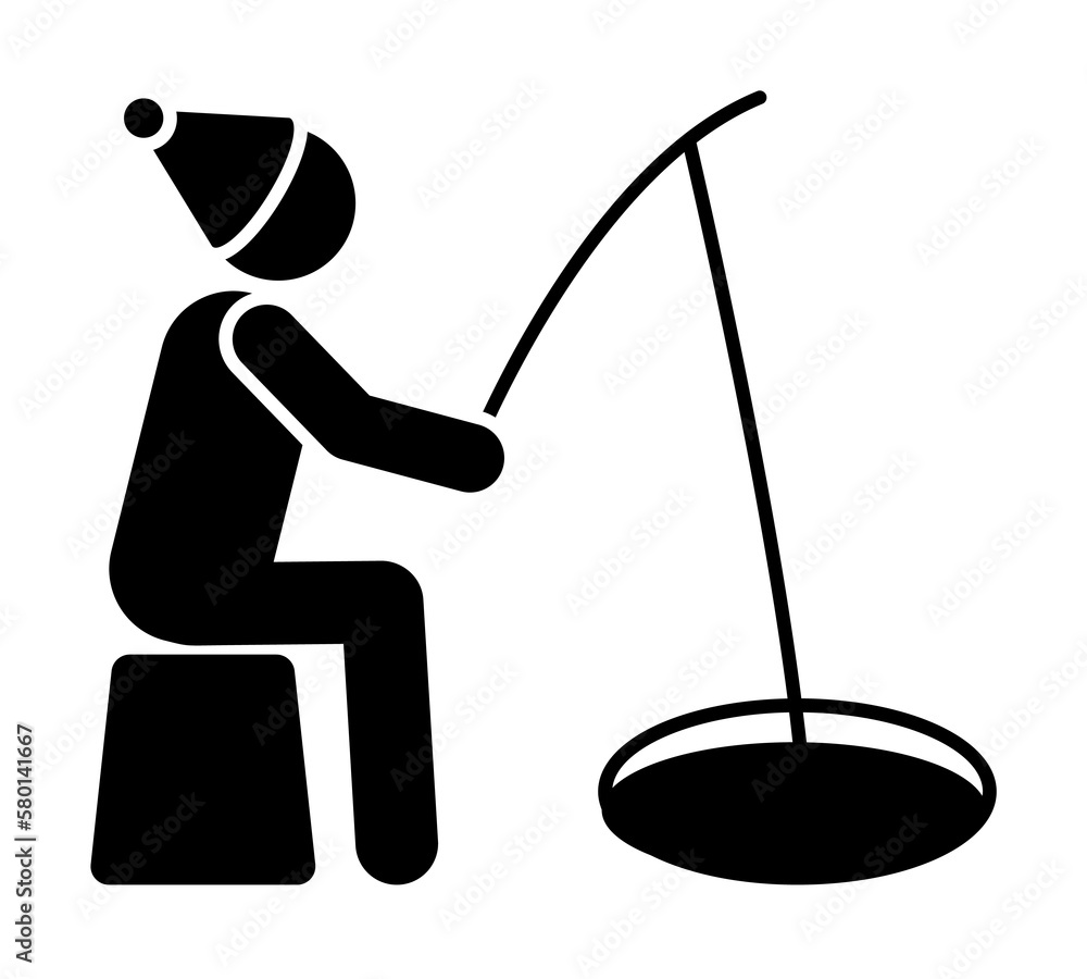 Poster man catches fish on ice icon. simple pictogram of winter recreation icons for ui and ux, website or 