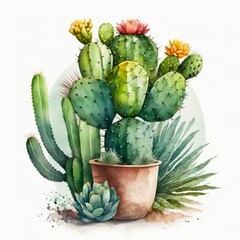 Watercolor illustration of a green cactus in a pot on white background. Generative AI art.
