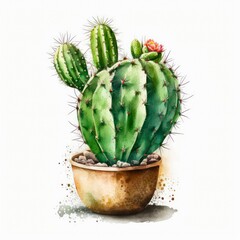 Watercolor illustration of a green cactus in a pot on white background. Generative AI art.