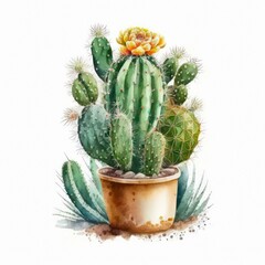 Watercolor illustration of a green cactus in a pot on white background. Generative AI art.