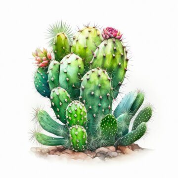 Watercolor illustration of a green cactus on white background. Generative AI art.