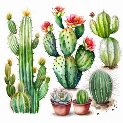 Watercolor set of green cacti and succulents on white background. Generative AI art.