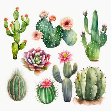 Watercolor set of green cacti and succulents on white background. Generative AI art.
