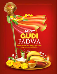 Greeting poster with Gudhi and pooja thali (tray) for Indian New Year (and harvest) festival Gudi Padwa (Ugadi, Yugadi). Vector illustration.