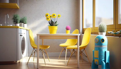 A cute yellow robot wipes the dust on the table in a modern interior + table + chairs + large windows and sunlight + colorful bright tap interior + cabinet in the background + flowers in pots