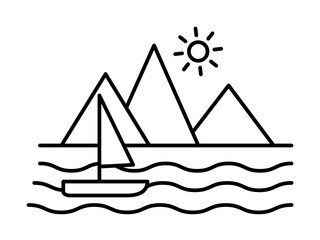 Sailboat by the mountains line icon, outline sign, linear style pictogram isolated on white. Symbol, logo illustration. Editable stroke. Pixel perfect graphics graphics