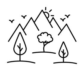 Fototapeta premium Trees by the mountains line icon, outline sign, linear style pictogram isolated on white. Symbol, logo illustration. Editable stroke. Pixel perfect graphics graphics
