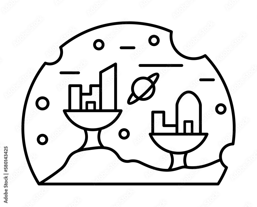 Poster space settlement, planet with buildings icon. simple line, outline elements of interplanetary coloni