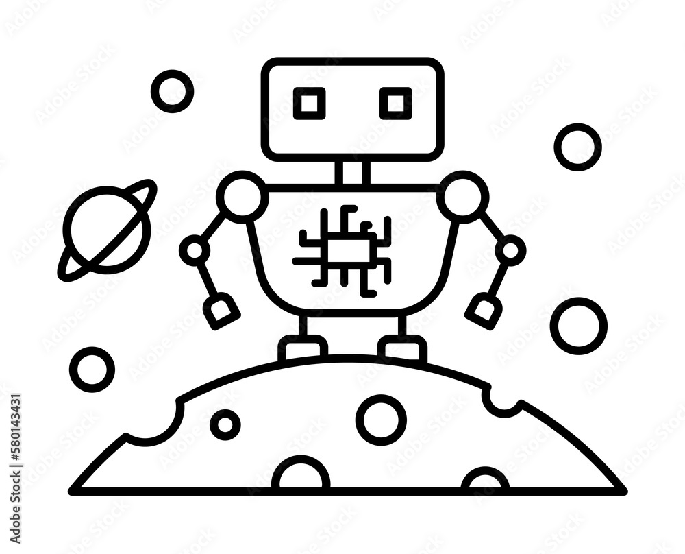 Poster science fiction robot satellite icon. simple line, outline elements of interplanetary colonization i
