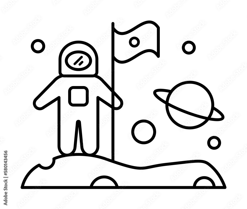 Poster astronaut puts a flag on the new planet icon. simple line, outline elements of interplanetary coloni