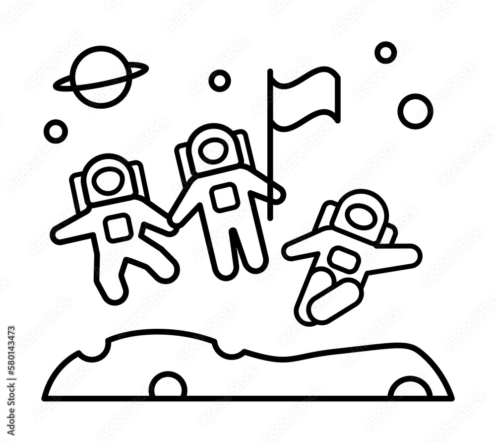 Poster cosmonauts in open space under planet icon. simple line, outline elements of interplanetary coloniza