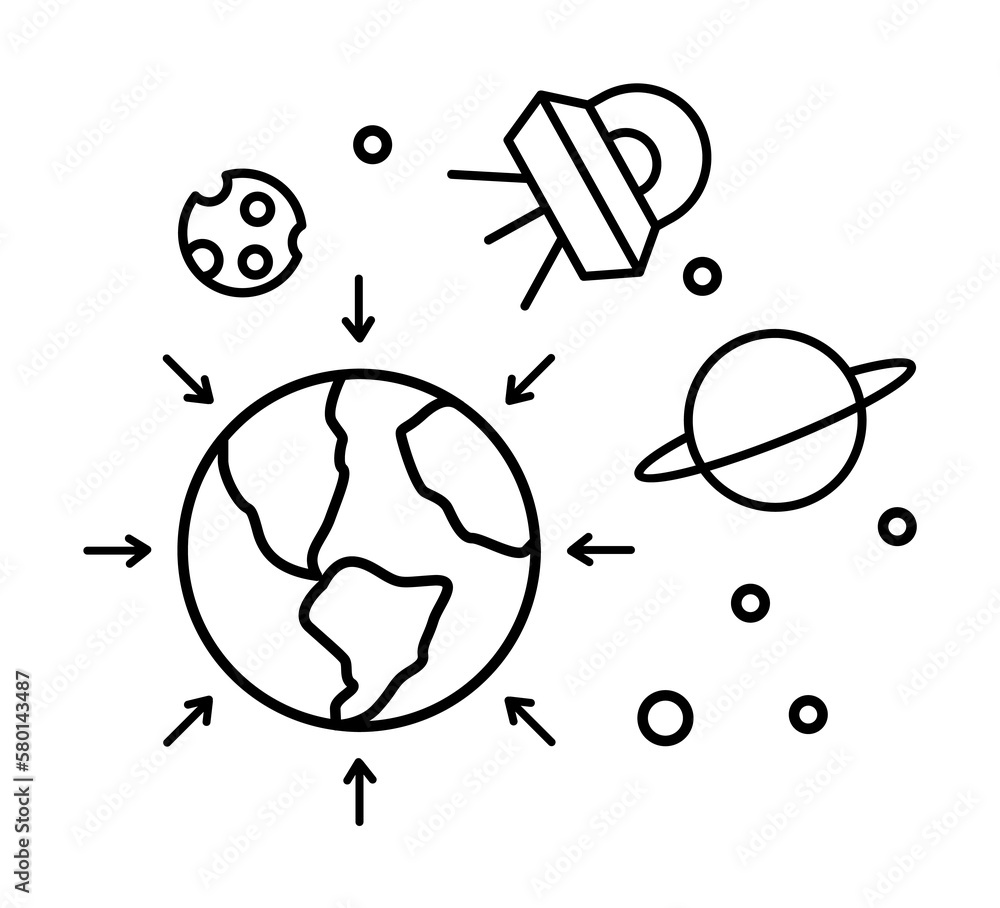 Poster gravitational forces on moon to spaceship icon. simple line, outline elements of interplanetary colo