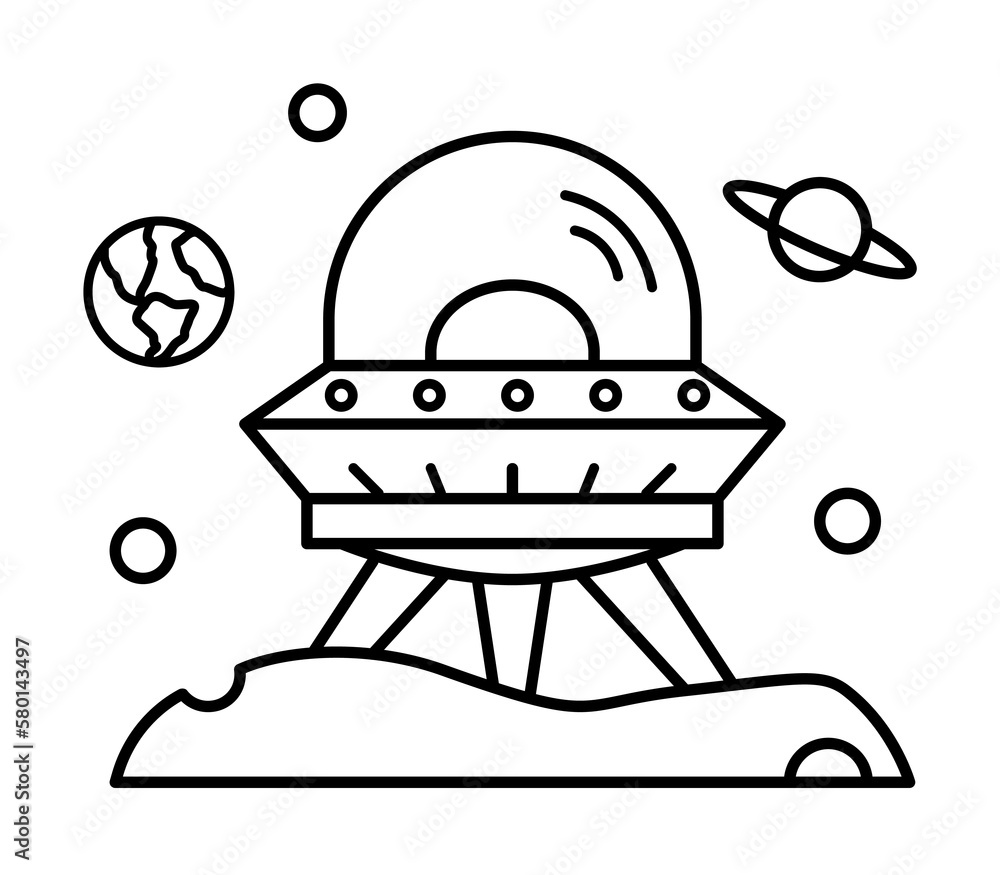 Poster space transportation, spaceship icon. simple line, outline elements of interplanetary colonization i