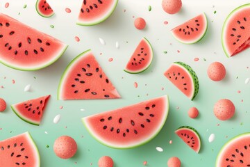 Seamless watermelons pattern. Background with watercolor watermelon slices. AI generation