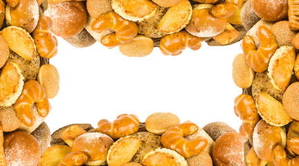 Bread and sweet pastries isolated on white background. Original frame. Free space for text. Collage.