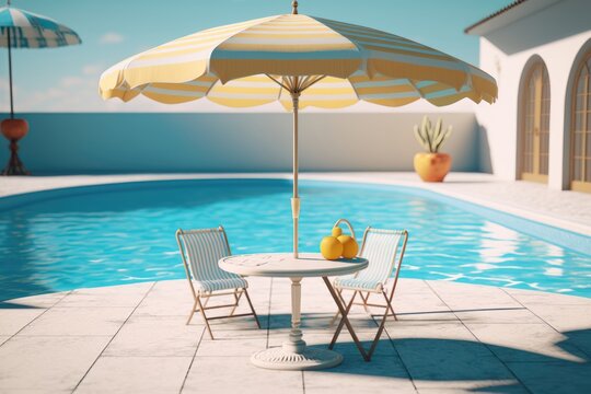 Relaxing tropical swimming pool and beach chairs in blue tones. AI Generation