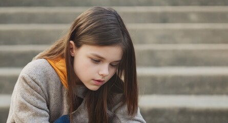 Depressed and sad teen girl sitting on a stair. Generative AI