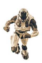 astronaut in green exo suit exploring arround