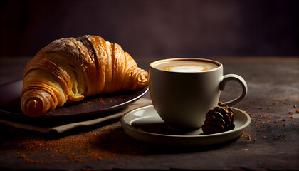 Taking a Cup of coffee,  book and croissants.