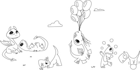 Vector cute dragons and dinosaurs for kids coloring. Cartoon funny animals play in nature, hang on balloons