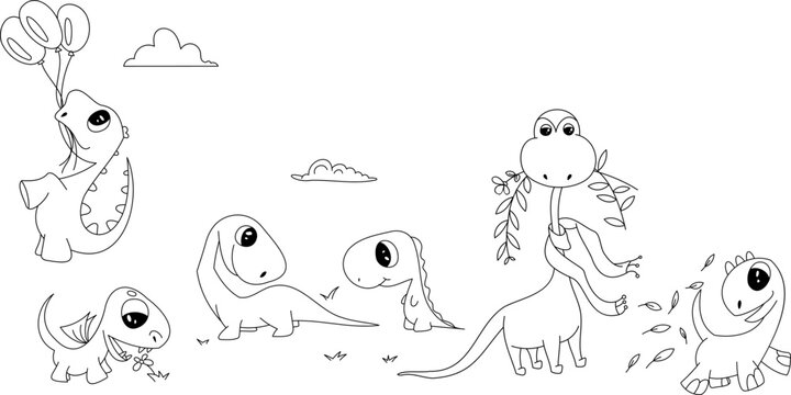 Vector cute dragons and dinosaurs for children's coloring. Cartoon funny animals play in nature, hang on balloons, chew grass leaves