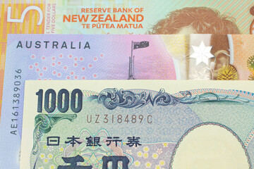 Australian and New Zealand Currency with A Japanese Bank Notes