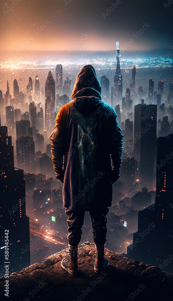 Canvas Prints a person wearing a hoodie standing in front of a city skyline at night, generative ai