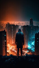 A silhouette in front of a bright city at night, generative ai