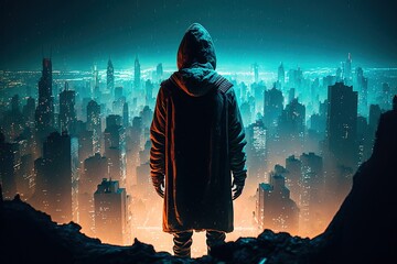 A hooded figure standing on a rooftop, admiring a vibrant, neon-lit cyberpunk cityscape on a misty night, generative ai