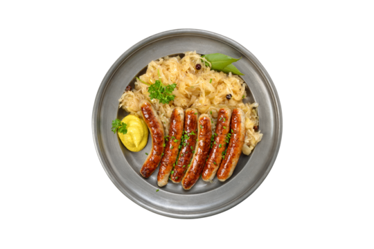Gebratene Nürnberger  Röstbratwürstchen mit Sauerkraut im Zinnteller  auf weißem Hintergrund - Fried Nuremberg sausages with sauerkraut served on  a pewter plate on white background