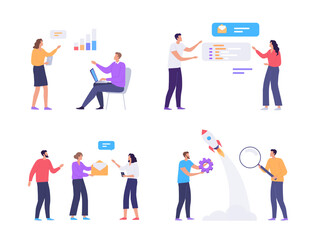 Moderm people work with information technologies process illustration set