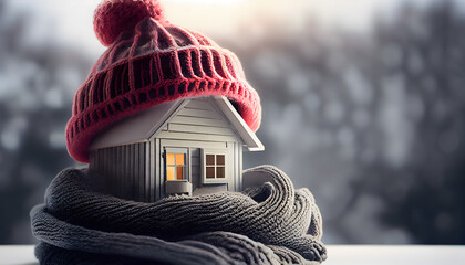 house in winter - heating system concept and cold snowy weather with model of a house wearing a knitted cap