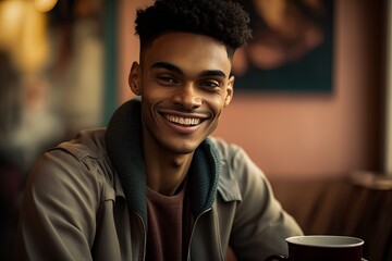 Portrait of a trendy young black man student, sitting in a cafe.