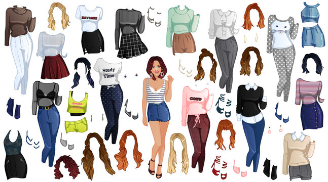 Cute Cartoon College Girl Paper Doll with Outfits, Hairstyles and Accessories. Vector Illustration