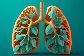 Human lungs on solid color background. Abstract illustration. Health, Respiratory system health concept. Breathing. - obrazy, fototapety, plakaty
