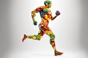 Human body practicing sports made with vegetables and fruits for nutritionist, GENERATIVE AI