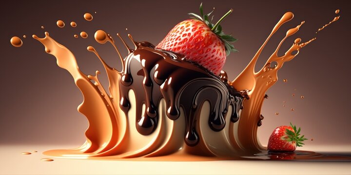 strawberries splashing into the chocolate, generative ai