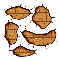 Hole in brick wall of red bricks. Old rough cracked background. Dirty building facade. Grunge damaged brickwork