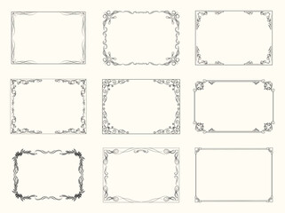 Luxury decorative black frames. Retro ornamental frame, vintage rectangle ornaments & ornate border. Decorative wedding frames, antique museum image borders. Isolated vector icons set