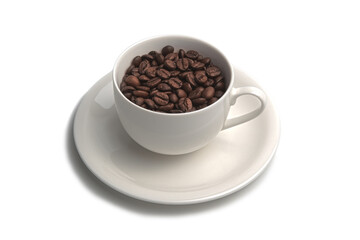 コーヒー豆が入った白いカップとコースター
