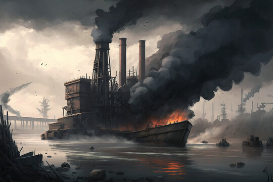 Industrial plant polluting river, thick smoke & murky water. Created in realistic art style. Generative AI