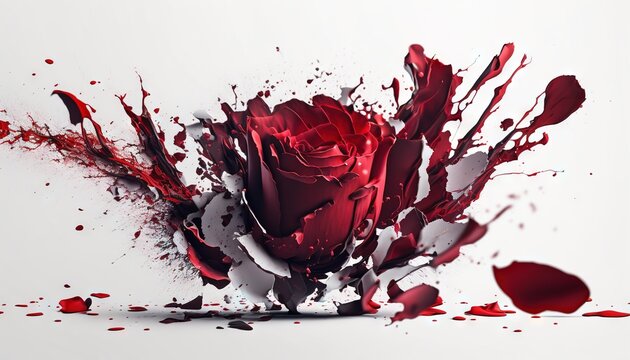  a red rose that has been smashed in half and is on a white surface with red paint splatters all over the whole surface.  generative ai