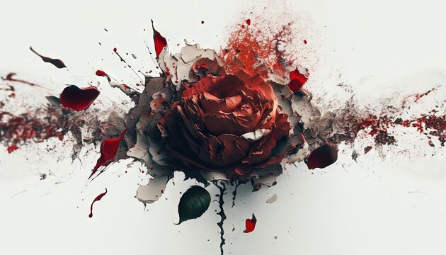  a rose that is sitting in the middle of a white wall with red paint splatters all over it and on the side of the wall is a white background.  generative ai